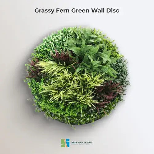Slimline Artificial Green Wall Disc Art 100cm Grassy Fern UV Resistant (White)
