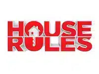 The text 'HOUSE RULES' in bold red letters with a small white house icon inside the letter O, on a plain white background.