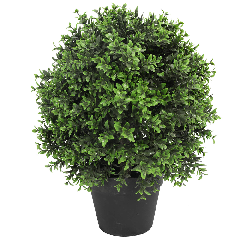 Potted artificial bush with green leaves on a white background