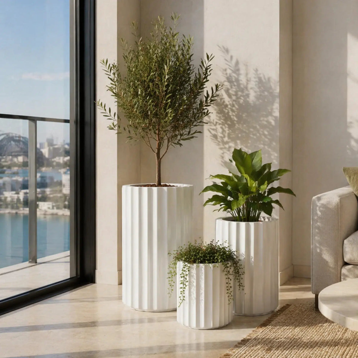 Set of 3 Luxury Rounded Ribbed Planter Premium Pot Range White - Designer Plants