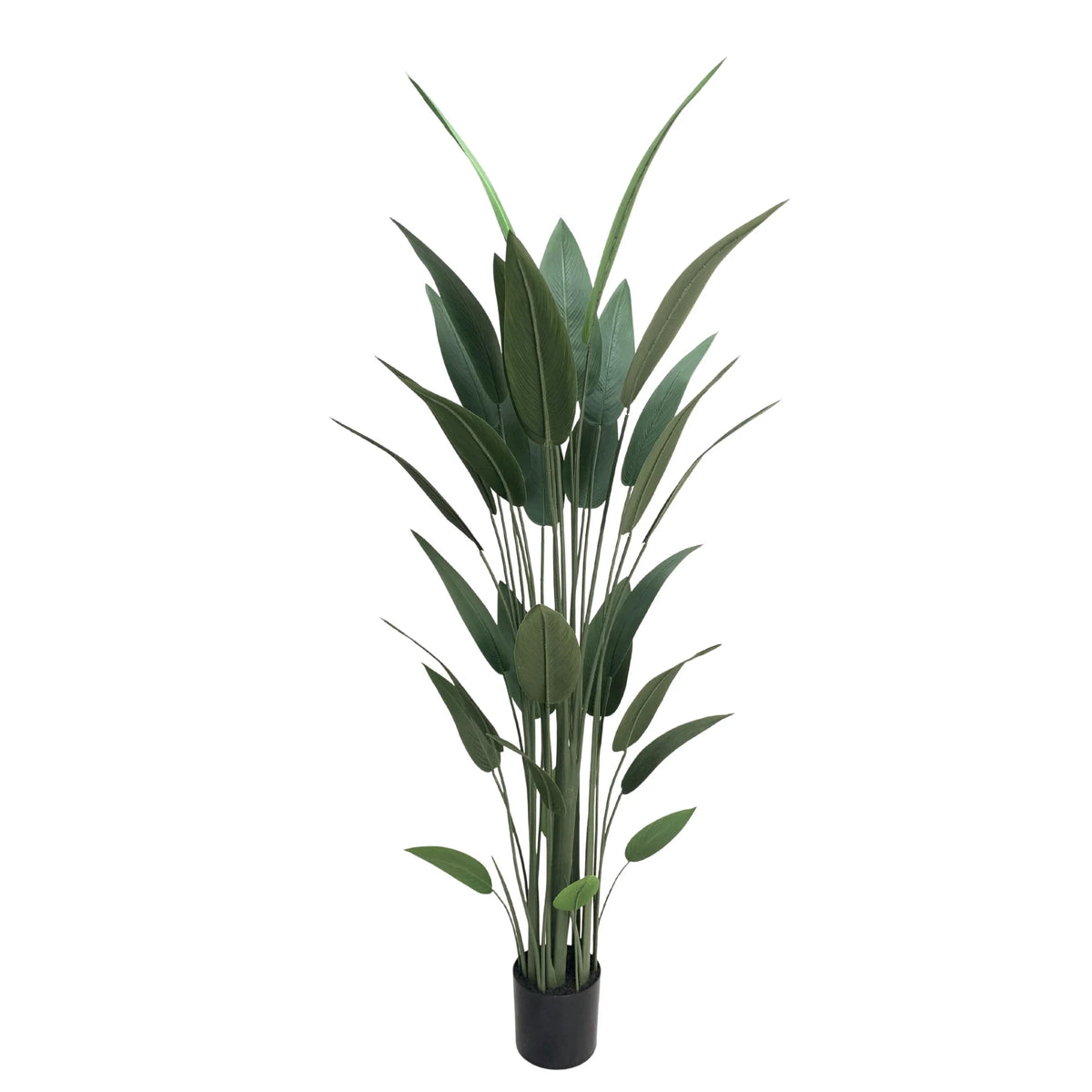 An artificial green plant with long, slender leaves in a black pot, photographed against a plain white background.
