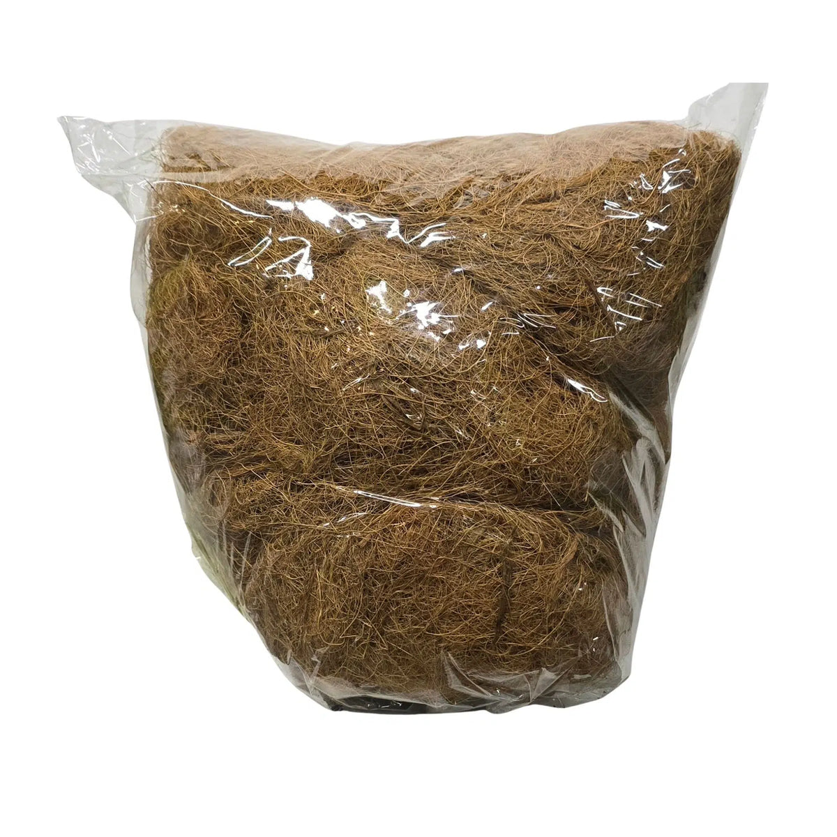 A clear plastic bag filled with brown coir or fibrous plant material, photographed against a plain white background.
