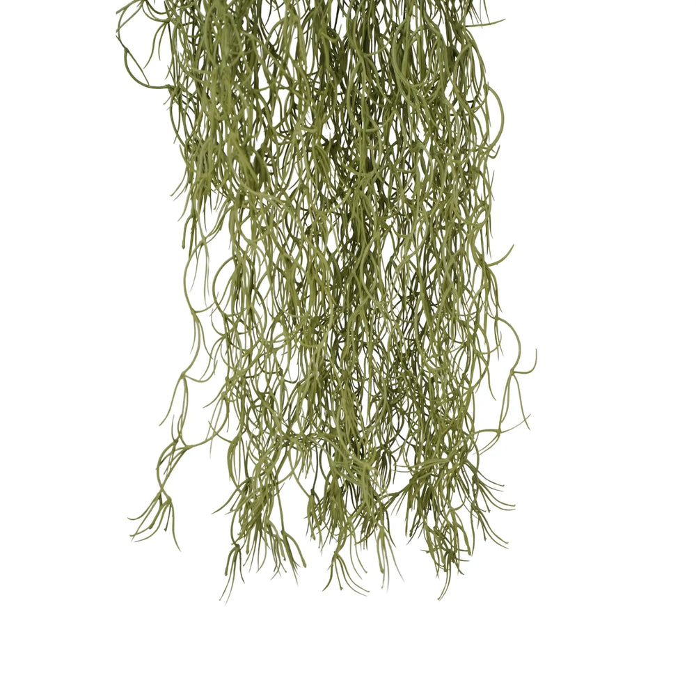 A hanging artificial green plant with long, slender, feathery strands, shown against a plain white background.