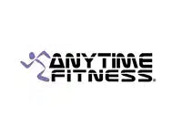 The Anytime Fitness logo is shown on a plain white background. The logo features the brand name 'ANYTIME FITNESS' in black with a purple running figure icon on the left.