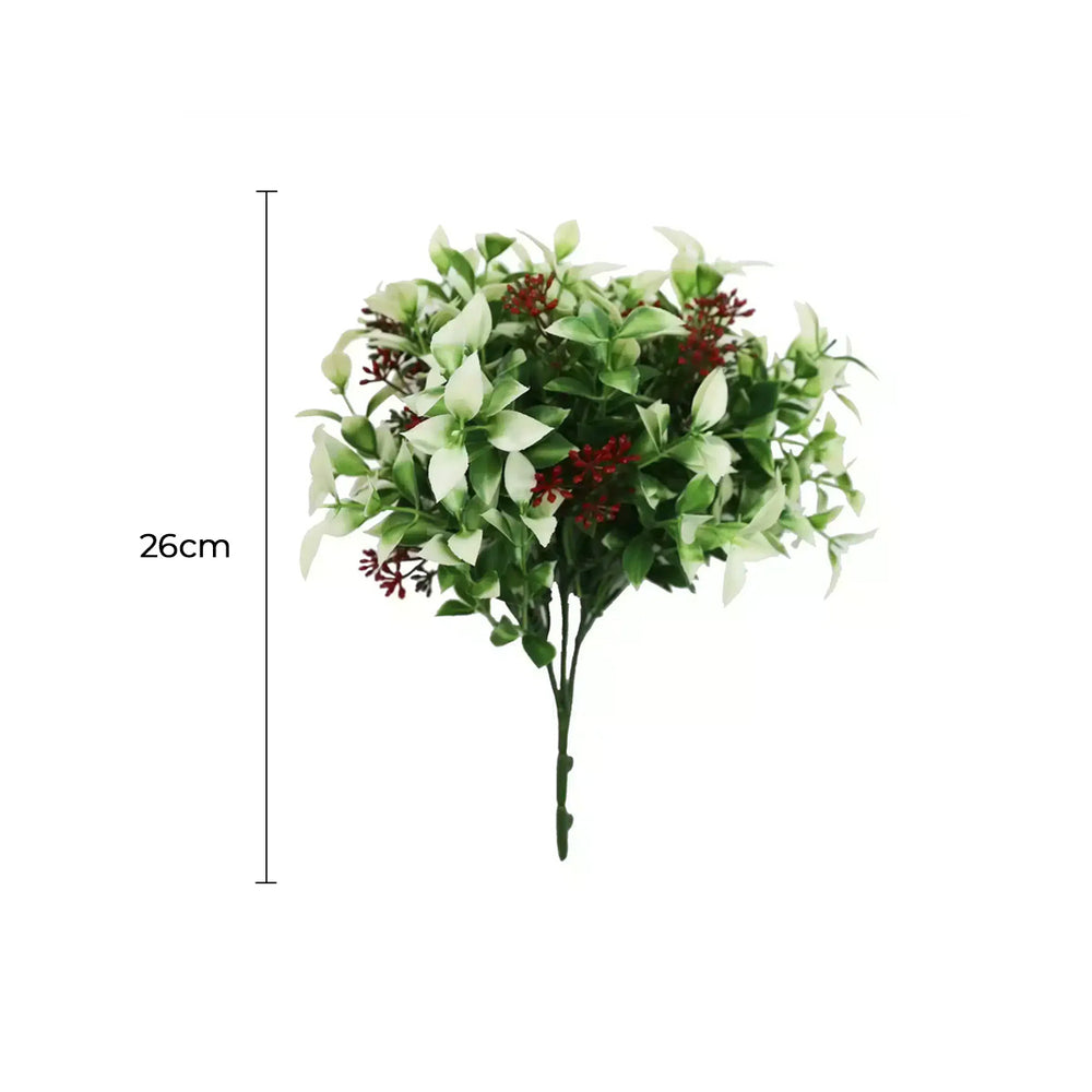 Artificial green leafy branch with red accents and measurement label on a white background