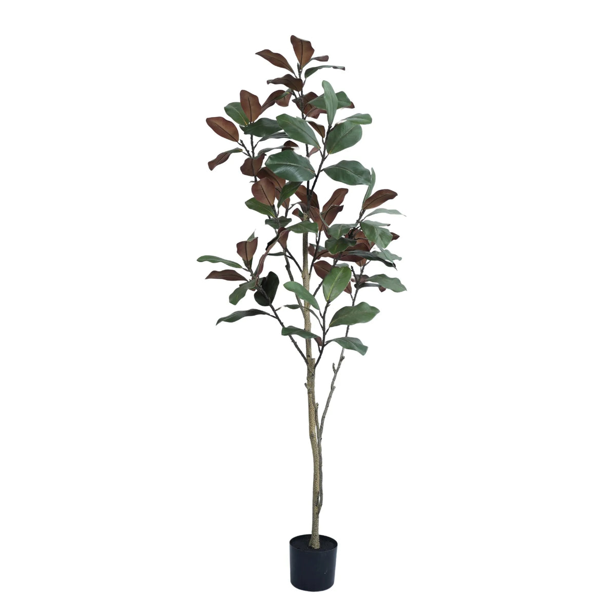 Artificial potted plant with green and brown leaves on a white background