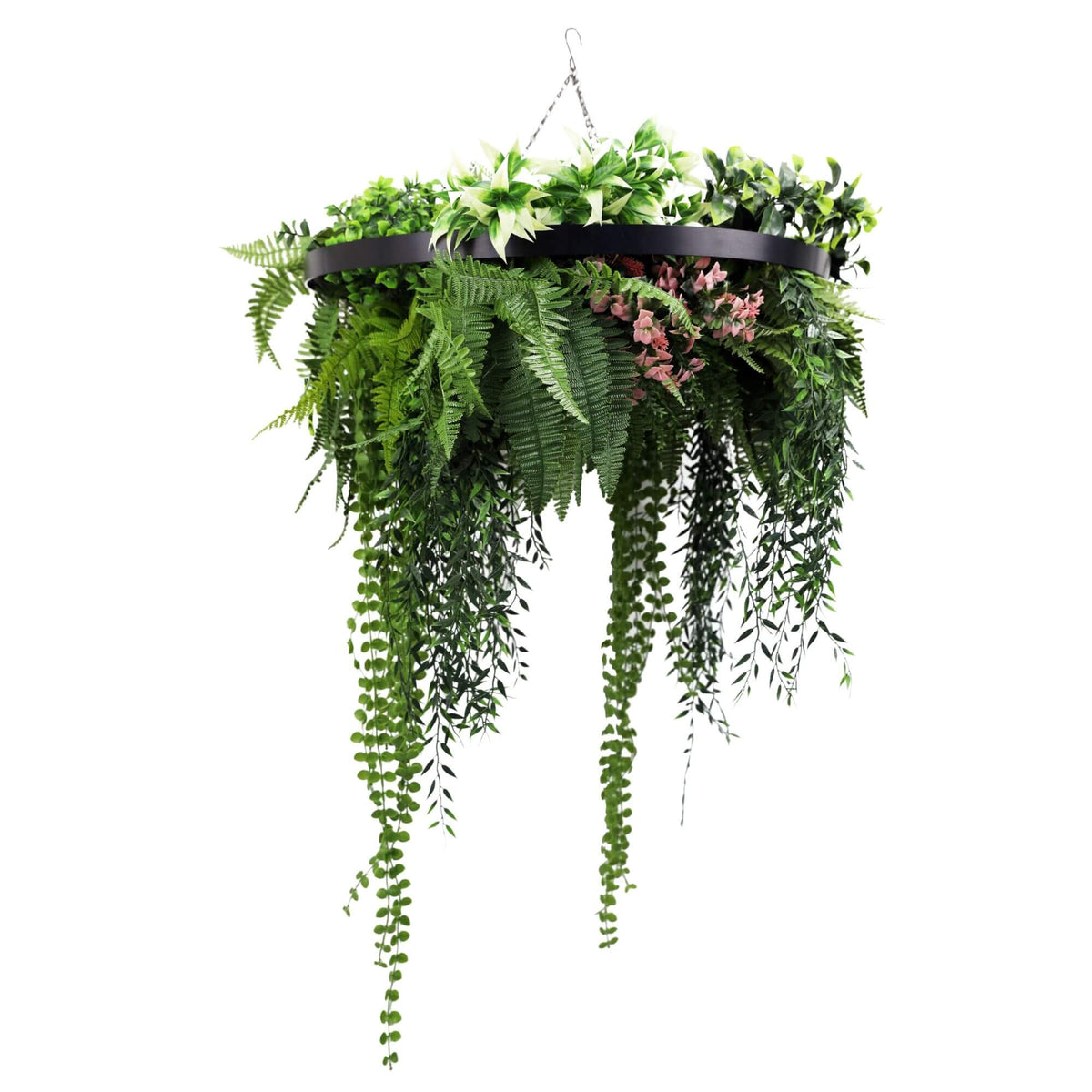 Black Artificial Hanging Plant Disc Chandelier with Premium Fern Foliage & Trailing Greenery — 60cm UV Resistant