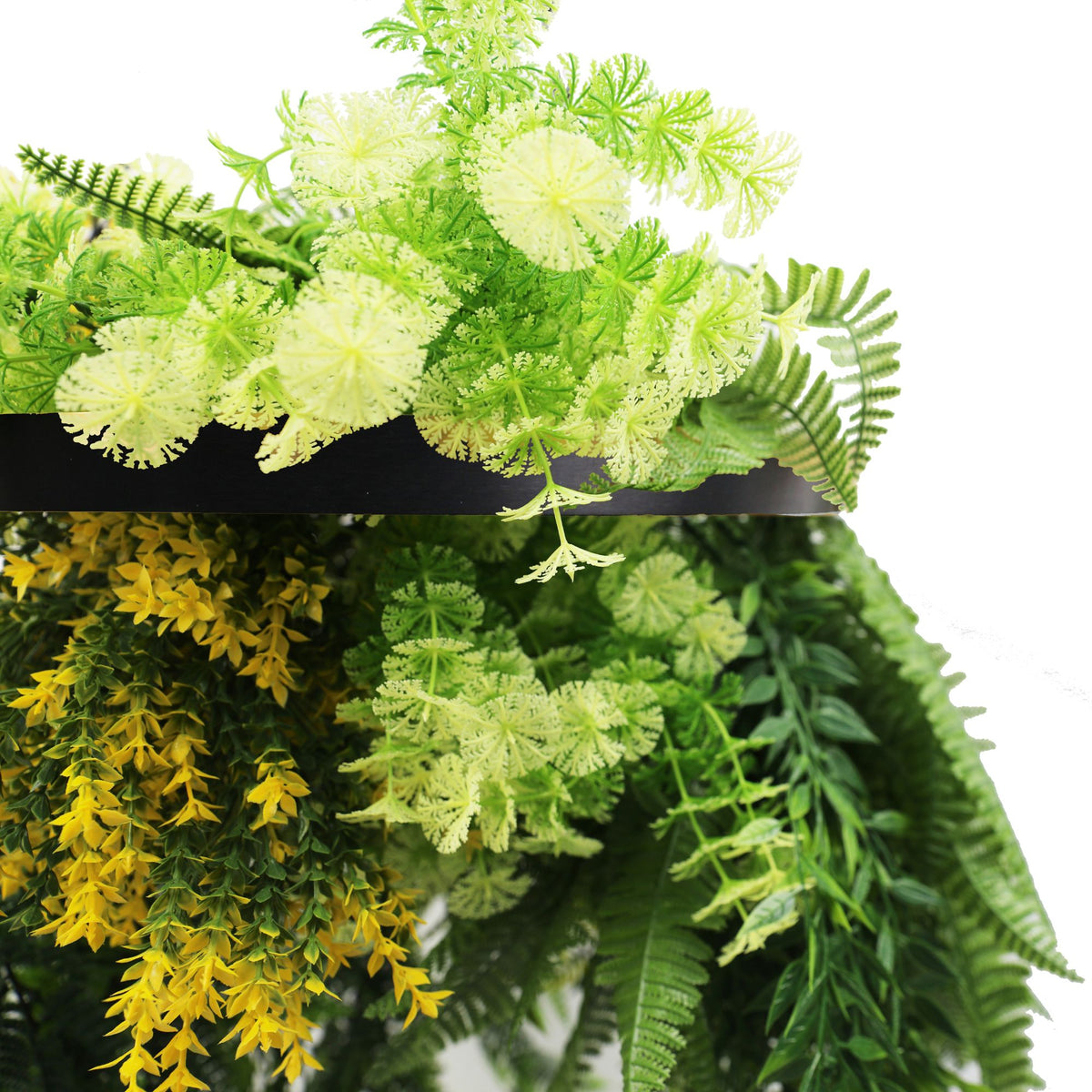Black Artificial Hanging Plant Disc Chandelier with Bright Tropical Trailing Foliage & Draping Ferns — 40cm UV Resistant