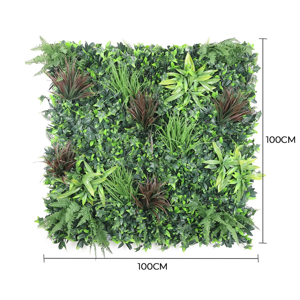 Artificial green wall panel with dimensions on a white background