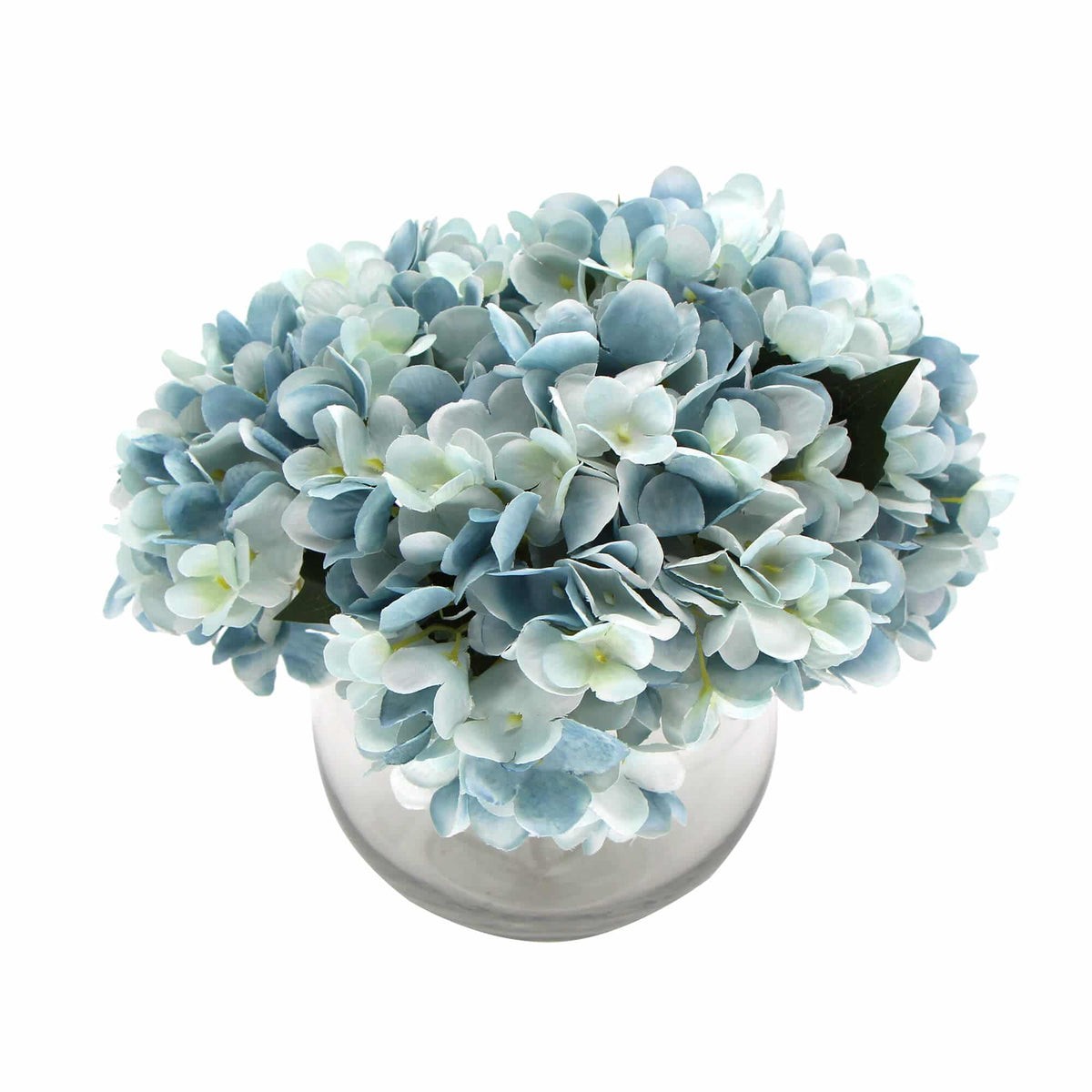 Premium Faux Hydrangea with Glass Vase (Artificial Flowering Blue Hydrangea) 23cm - Designer Plants