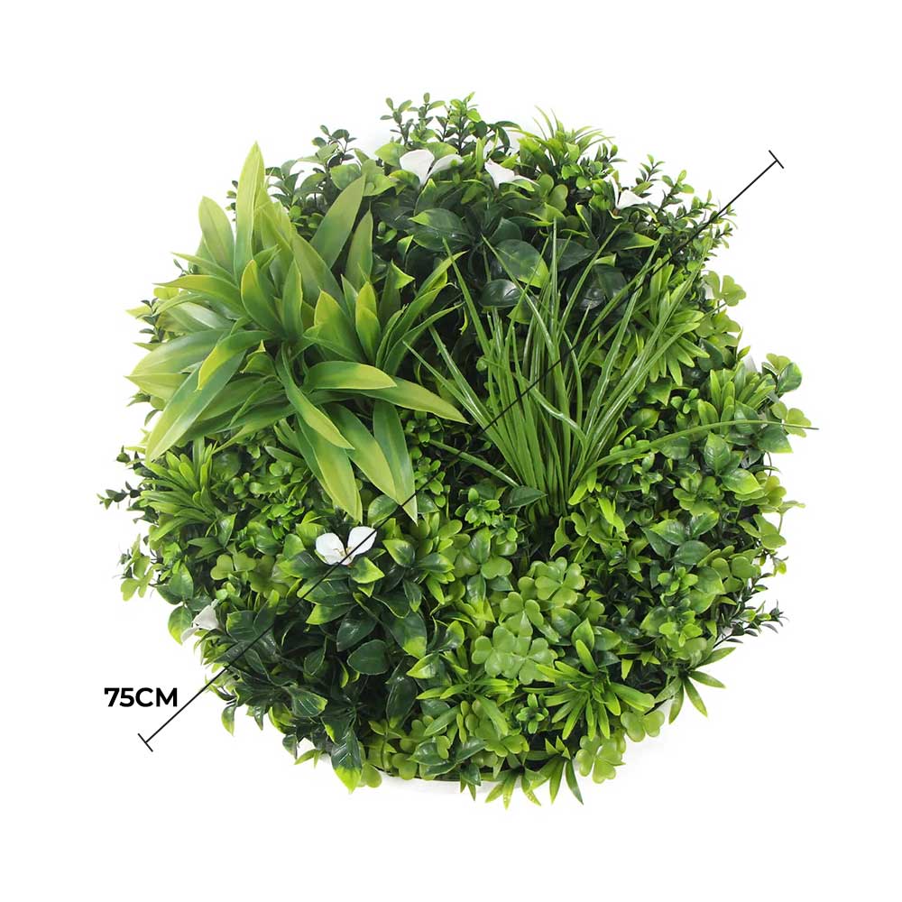 Flowering White Artificial Green Wall Disc UV Resistant 75cm (White Frame)