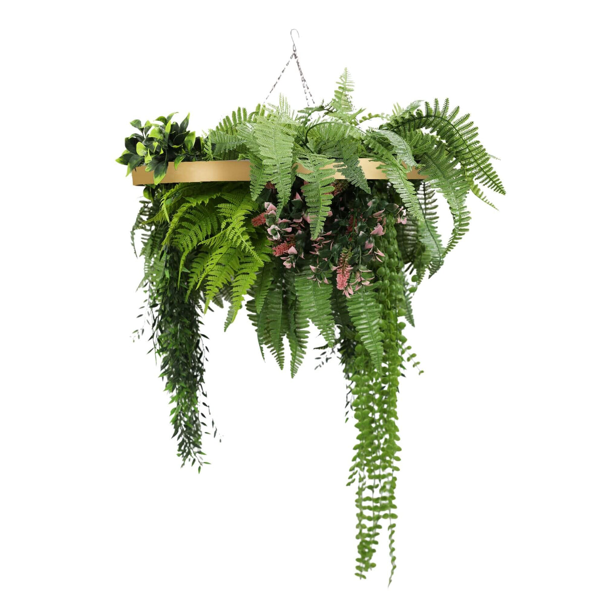 Gold Artificial Hanging Plant Disc Chandelier with Cascading Greenery & Trailing Fern Foliage — 60cm UV Resistant