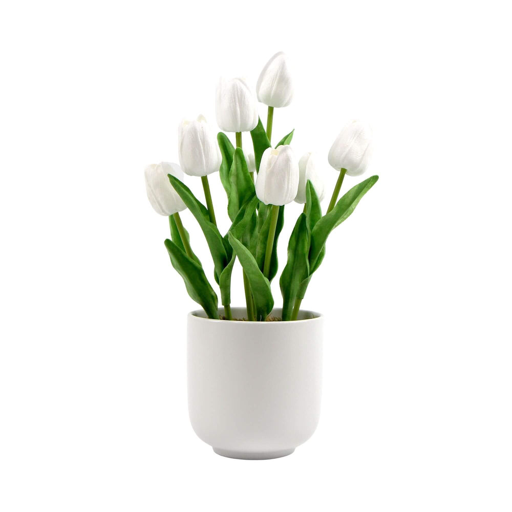 Flowering White Artificial Tulip Plant Arrangement With Ceramic Bowl 35cm - Designer Plants