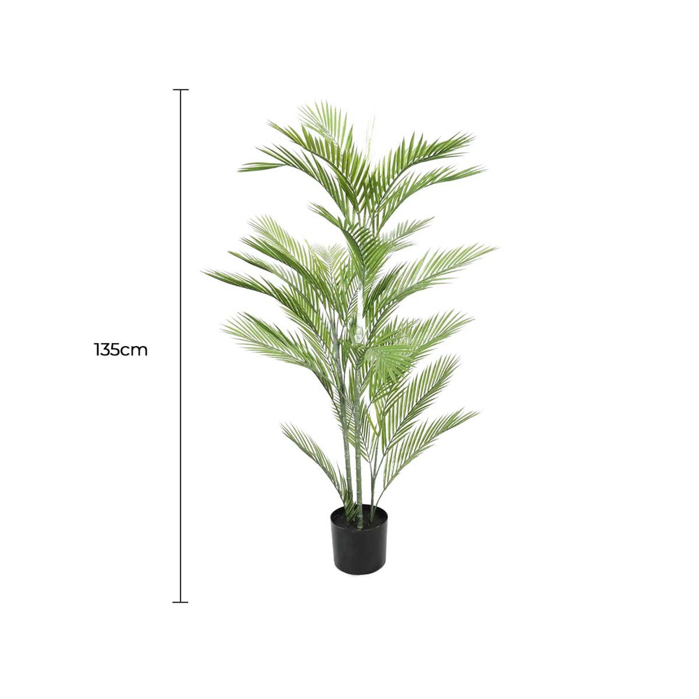 Artificial palm plant with dimensions on a white background