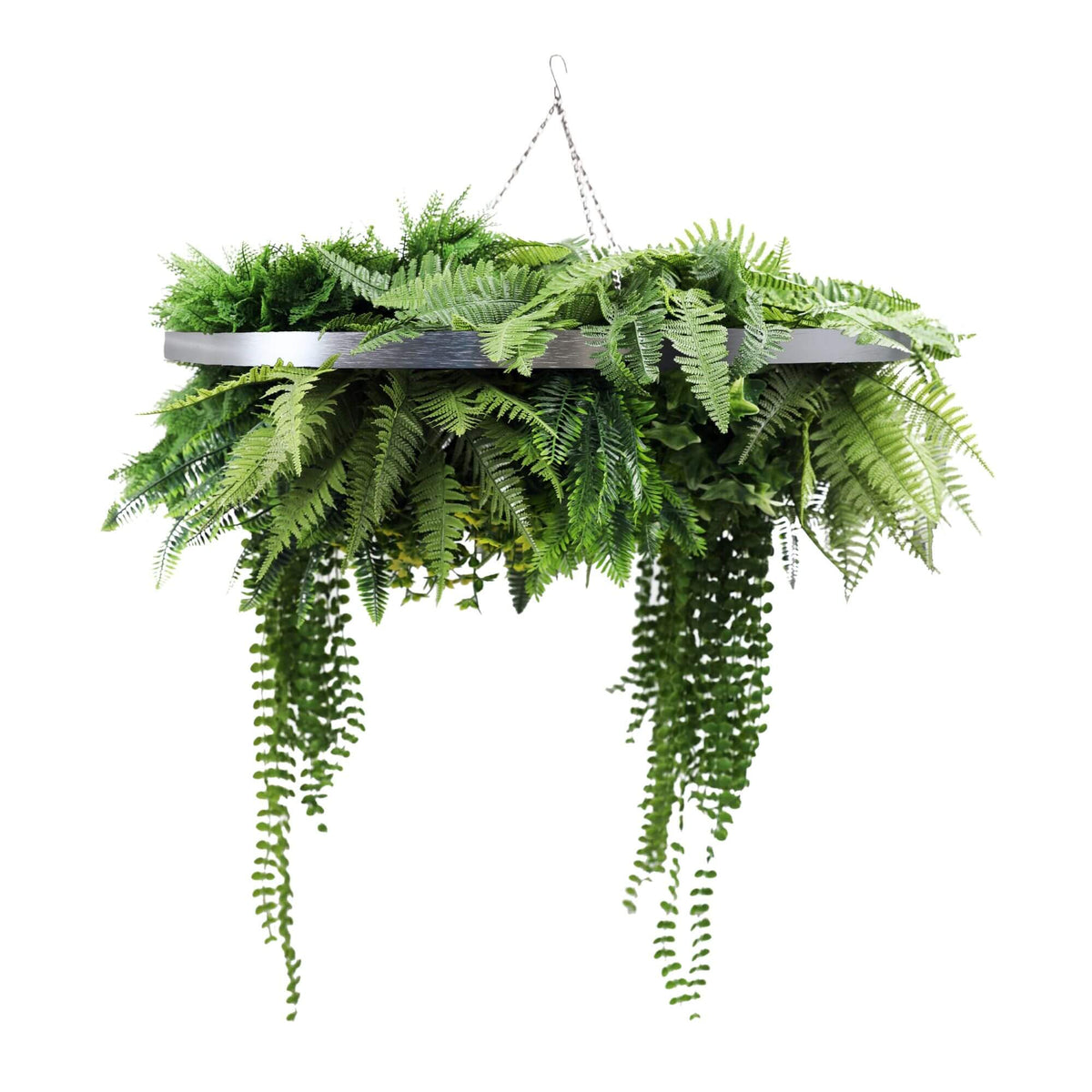 Silver Artificial Hanging Plant Disc Chandelier with Realistic Trailing Greenery & Ferns — 80cm UV Resistant