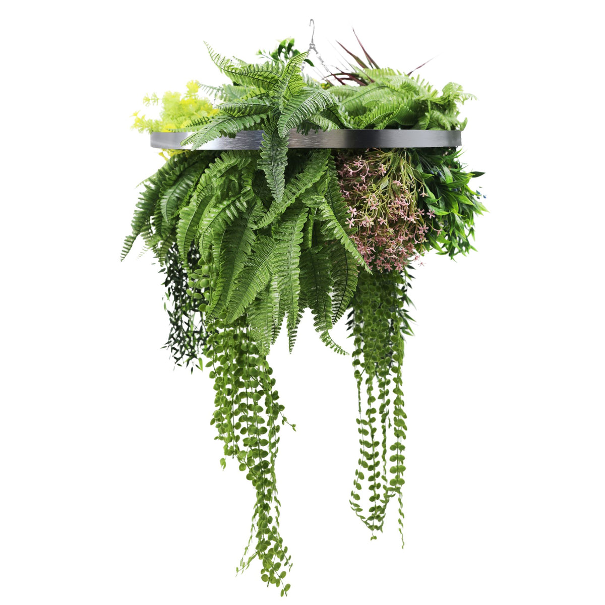 Silver Artificial Hanging Plant Disc Chandelier with Tropical Fern Foliage & Trailing Greenery — 60cm UV Resistant