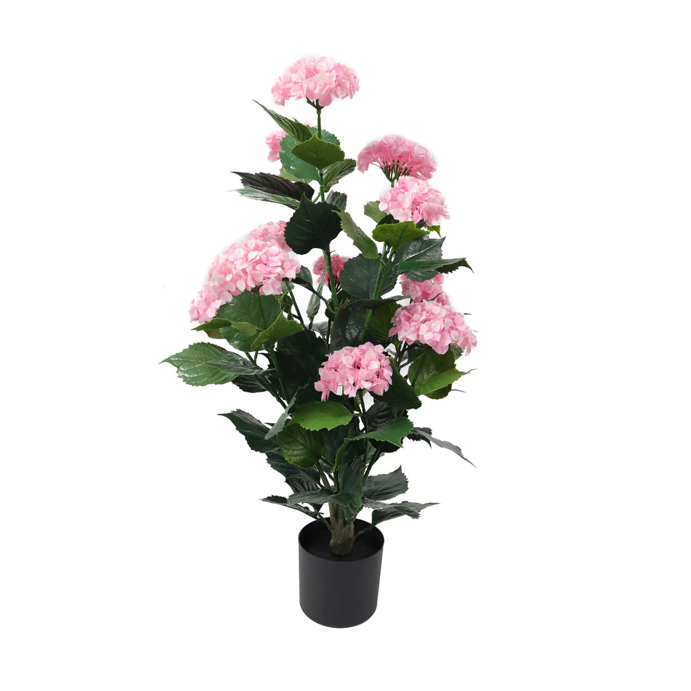 UV-resistant artificial pink hydrangea tree, 95cm high, in a nursery pot