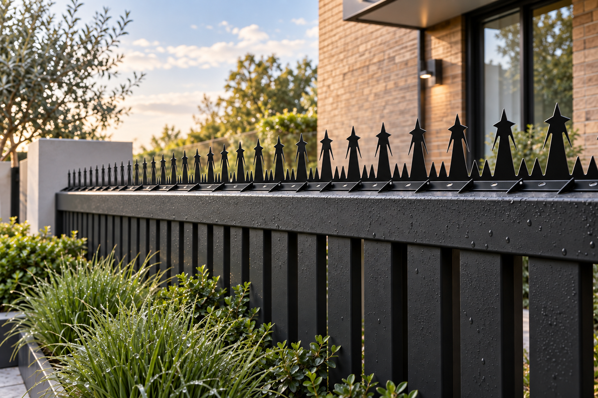 Black Designer Guard fence spikes along a landscaped courtyard fence