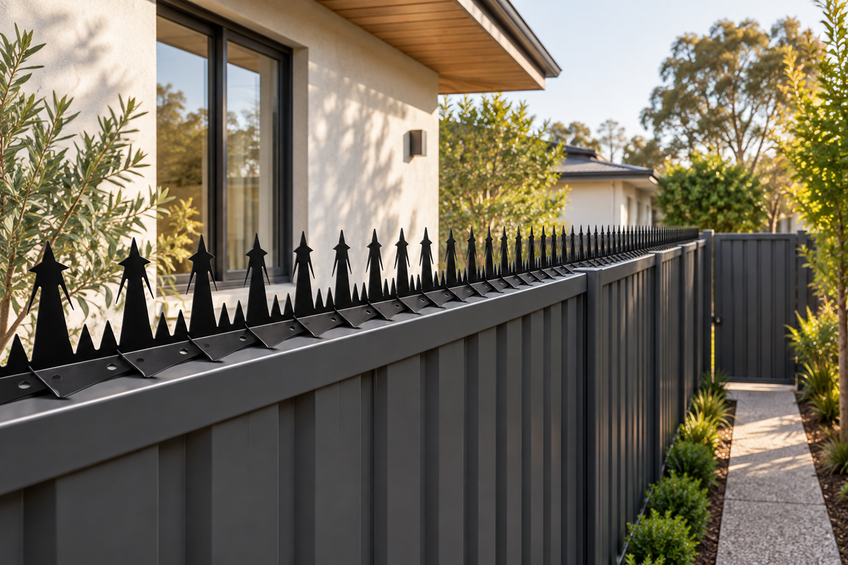 Black Designer Guard fence spikes along a modern home’s side boundary