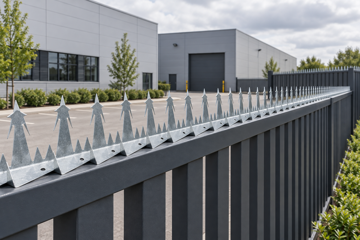 Galvanised Designer Guard fence spikes along a commercial boundary