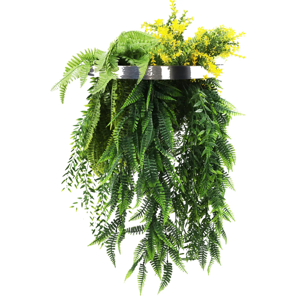 Silver Artificial Hanging Plant Disc Chandelier with Bright Tropical Trailing Foliage & Draping Ferns — 40cm UV Resistant