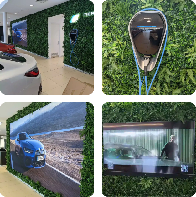sustainable electric vehicle setup with green wall and charging station