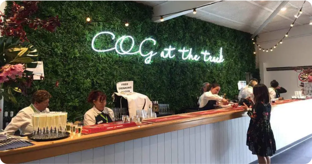 trendy bar with green foliage wall and neon cog sign