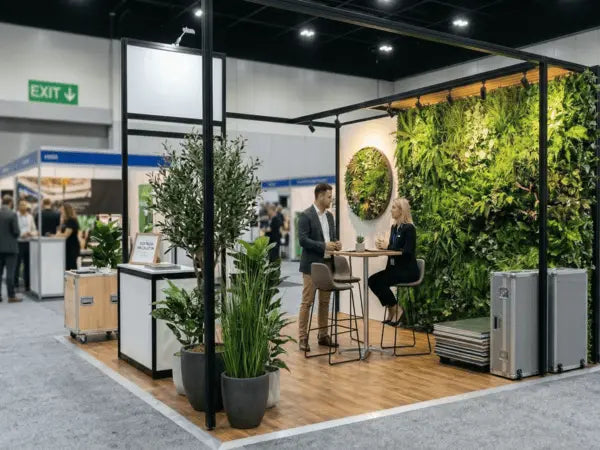 Artificial green walls and plant discs on a professional expo stand