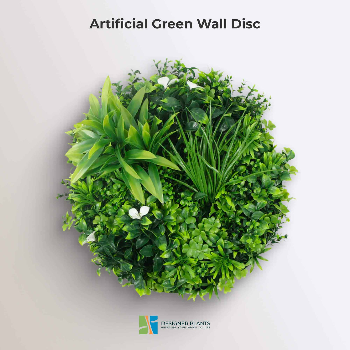 Flowering White Artificial Green Wall Disc UV Resistant 75cm (White Frame)