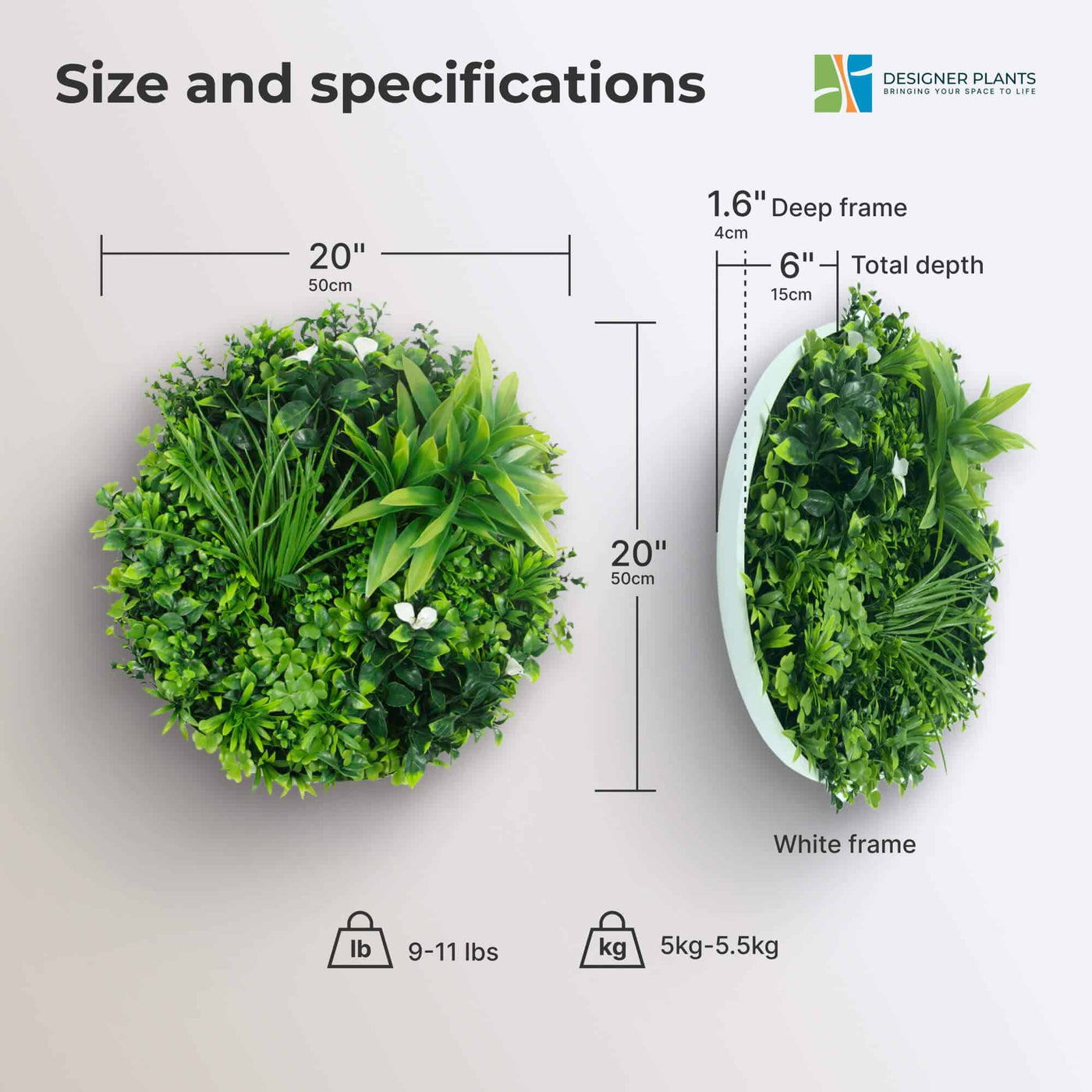 Flowering White Artificial Green Wall Disc UV Resistant 50cm (White Frame)
