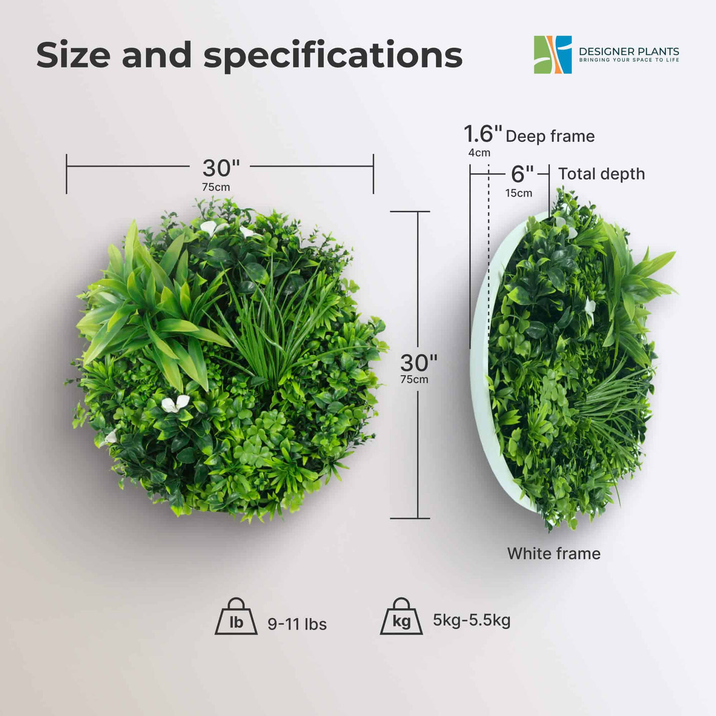 Flowering White Artificial Green Wall Disc UV Resistant 75cm (White Frame)