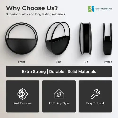 Premium Floating Half Moon / Semi Circle Metal Wall Planter | Onyx Black 45cm