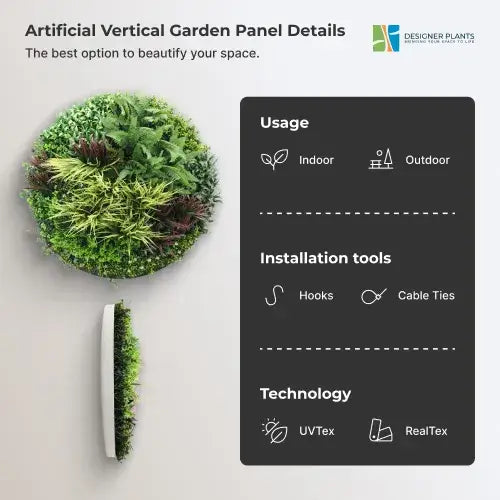 Slimline Artificial Green Wall Disc Art 100cm Grassy Fern UV Resistant (White)