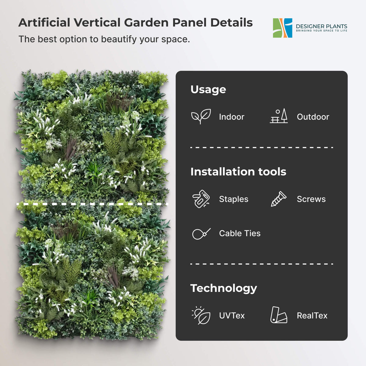 Garden of Eden Bespoke Vertical Garden / Artificial Green Wall UV Resistant 1m x 1m Fire Retardant