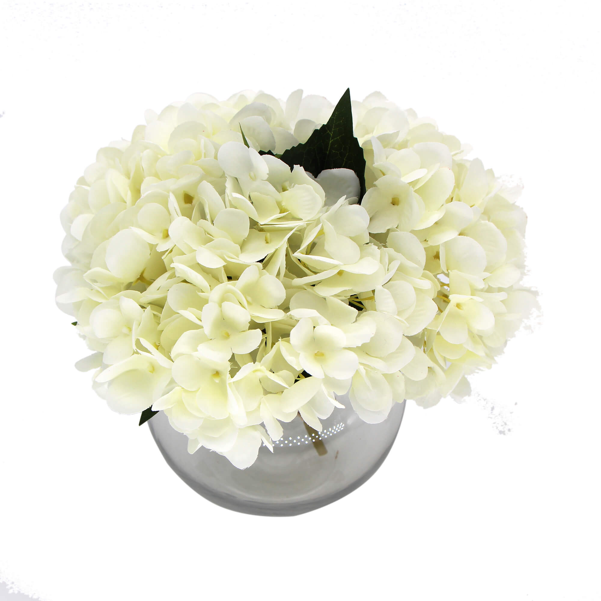 Premium Faux Hydrangea with Glass Vase (Artificial Flowering White Hydrangea) 23cm - Designer Plants