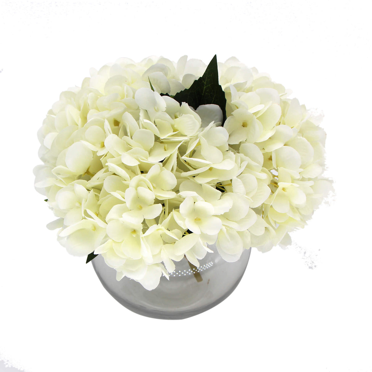 Premium Faux Hydrangea with Glass Vase (Artificial Flowering White Hydrangea) 23cm - Designer Plants