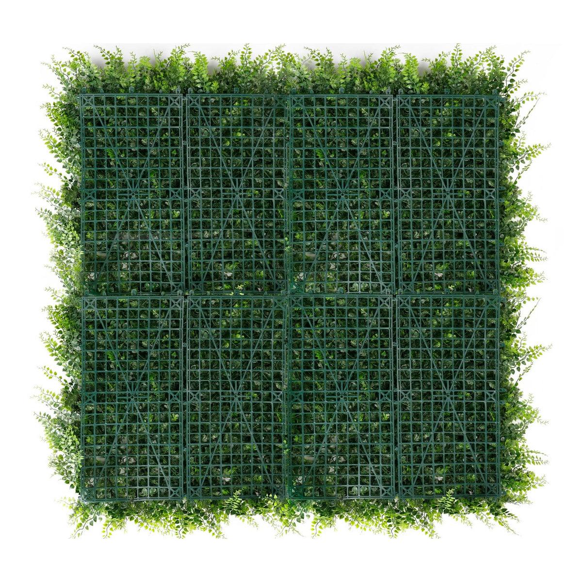 Artificial green wall panel with grid structure on a white background