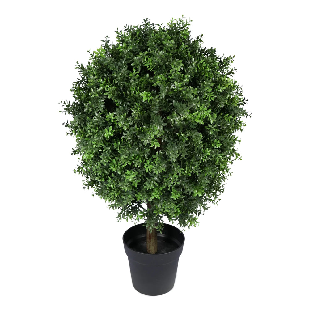 Potted artificial tree with green leaves on a white background