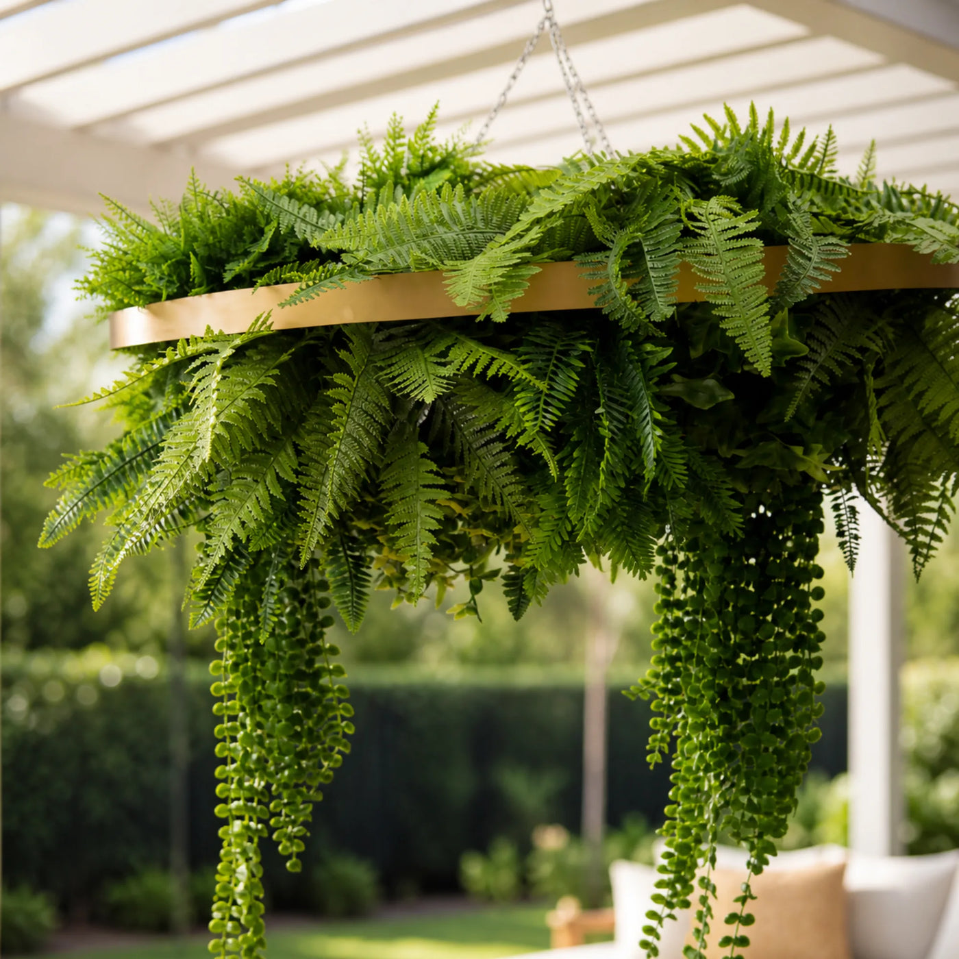 Gold Artificial Hanging Plant Disc Chandelier with Realistic Trailing Greenery & Ferns — 80cm UV Resistant