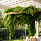 Gold Artificial Hanging Plant Disc Chandelier with Realistic Trailing Greenery & Ferns — 80cm UV Resistant
