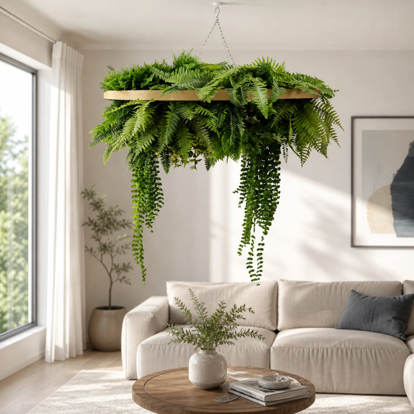 Gold Artificial Hanging Plant Disc Chandelier with Realistic Trailing Greenery & Ferns — 80cm UV Resistant