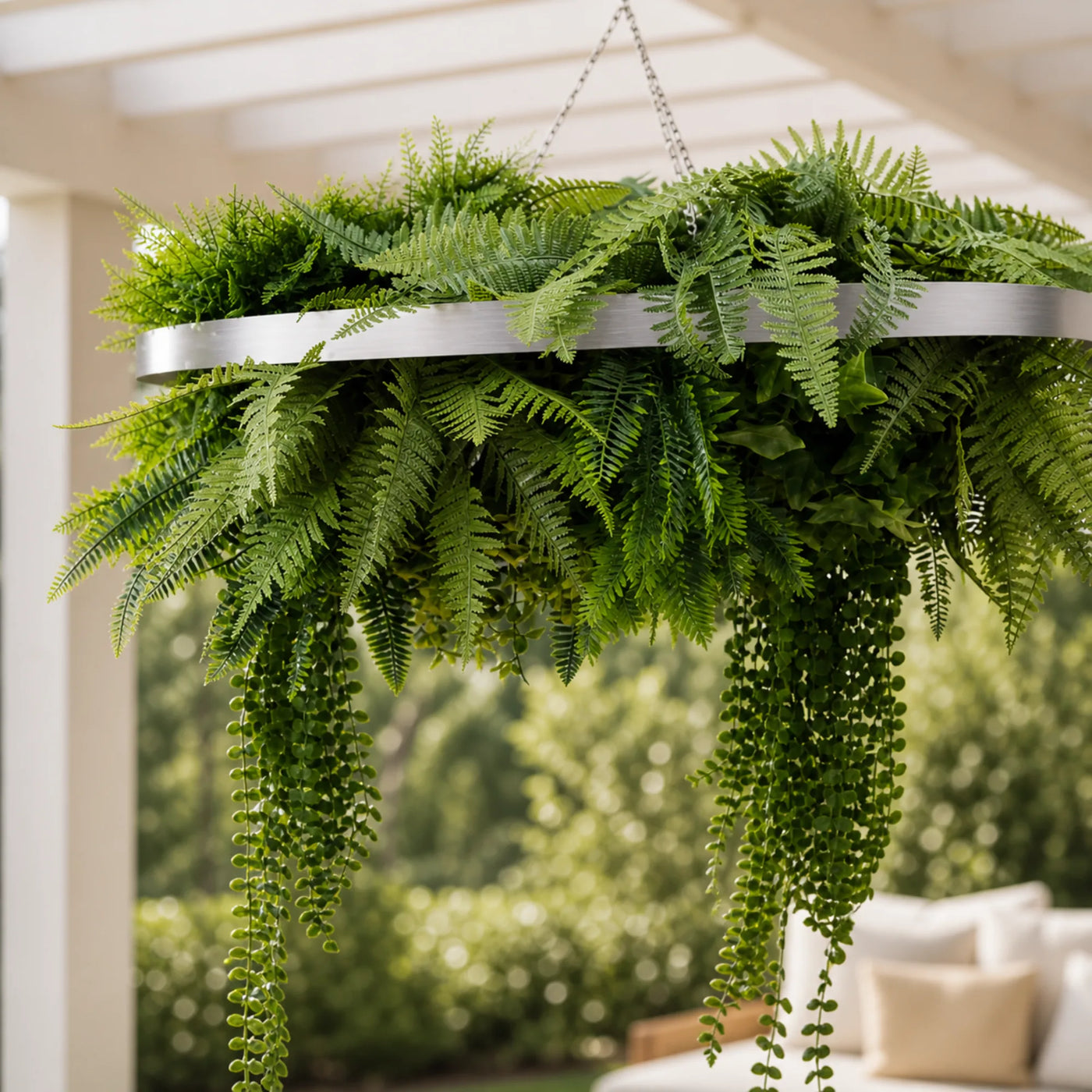 Silver Artificial Hanging Plant Disc Chandelier with Realistic Trailing Greenery & Ferns — 80cm UV Resistant
