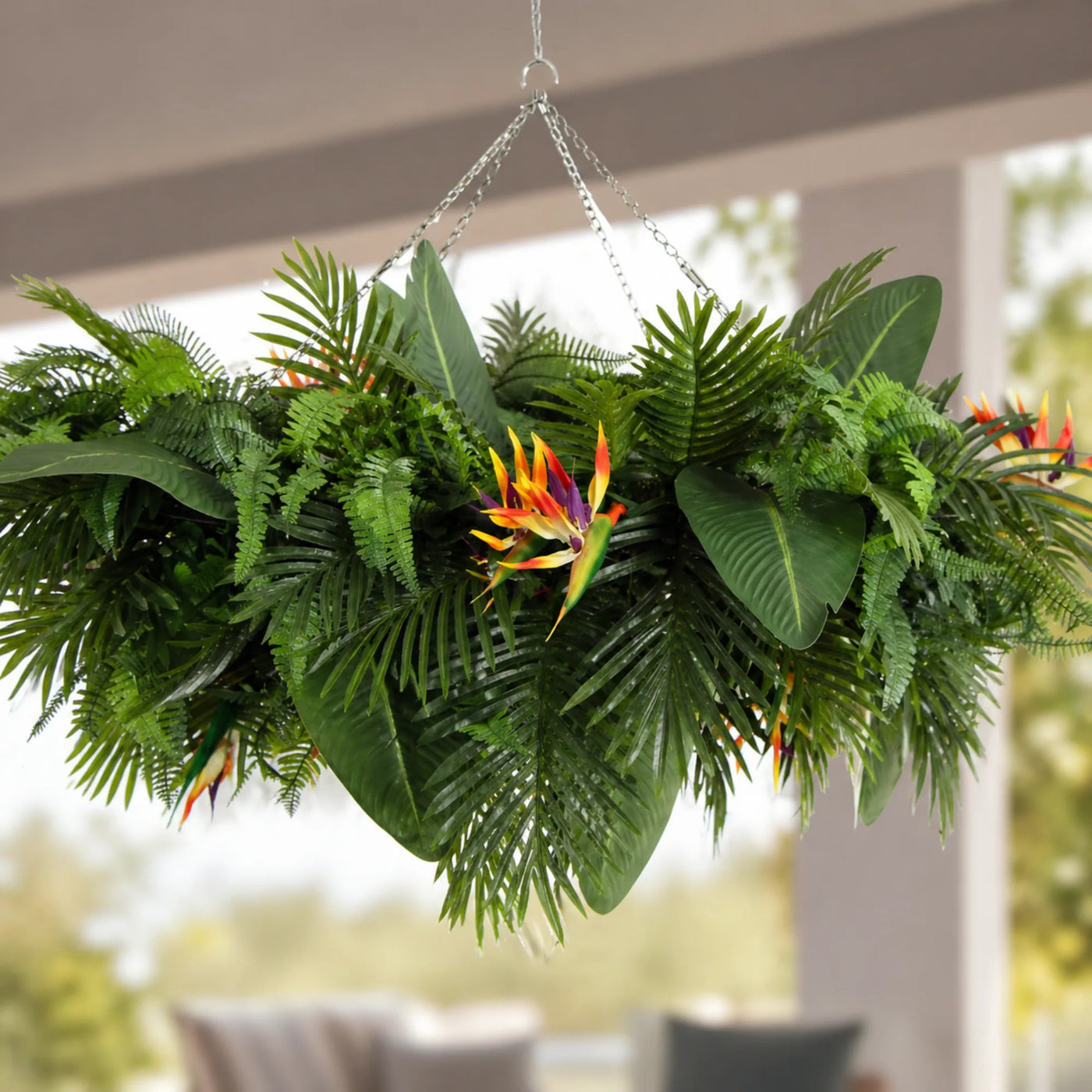 Artificial Hanging Plant Disc Chandelier with Tropical Floral Arrangement & Trailing Foliage — 100cm x 30cm