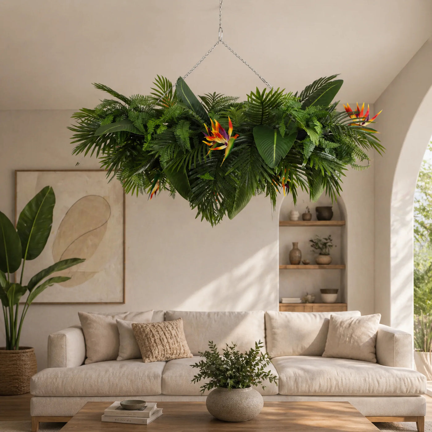 Artificial Hanging Plant Disc Chandelier with Tropical Floral Arrangement & Trailing Foliage — 100cm x 30cm