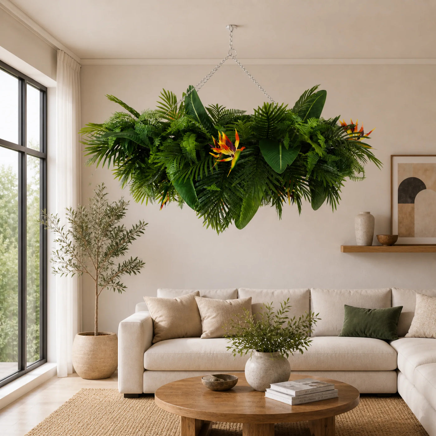 Artificial Hanging Plant Disc Chandelier with Tropical Floral Arrangement & Trailing Foliage — 100cm x 30cm