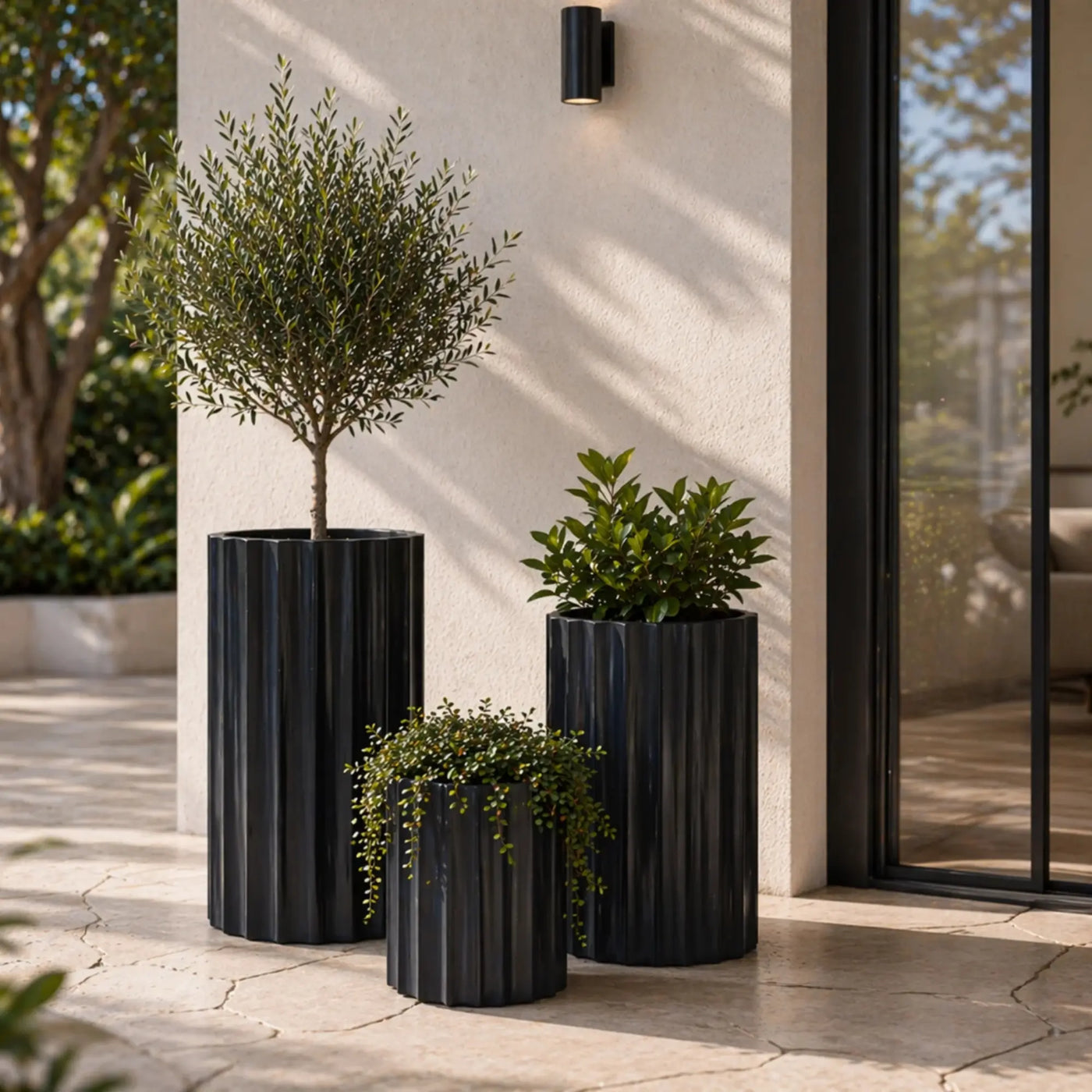 Set of 3 Luxury Rounded Ribbed Planter Premium Pot Range Black
