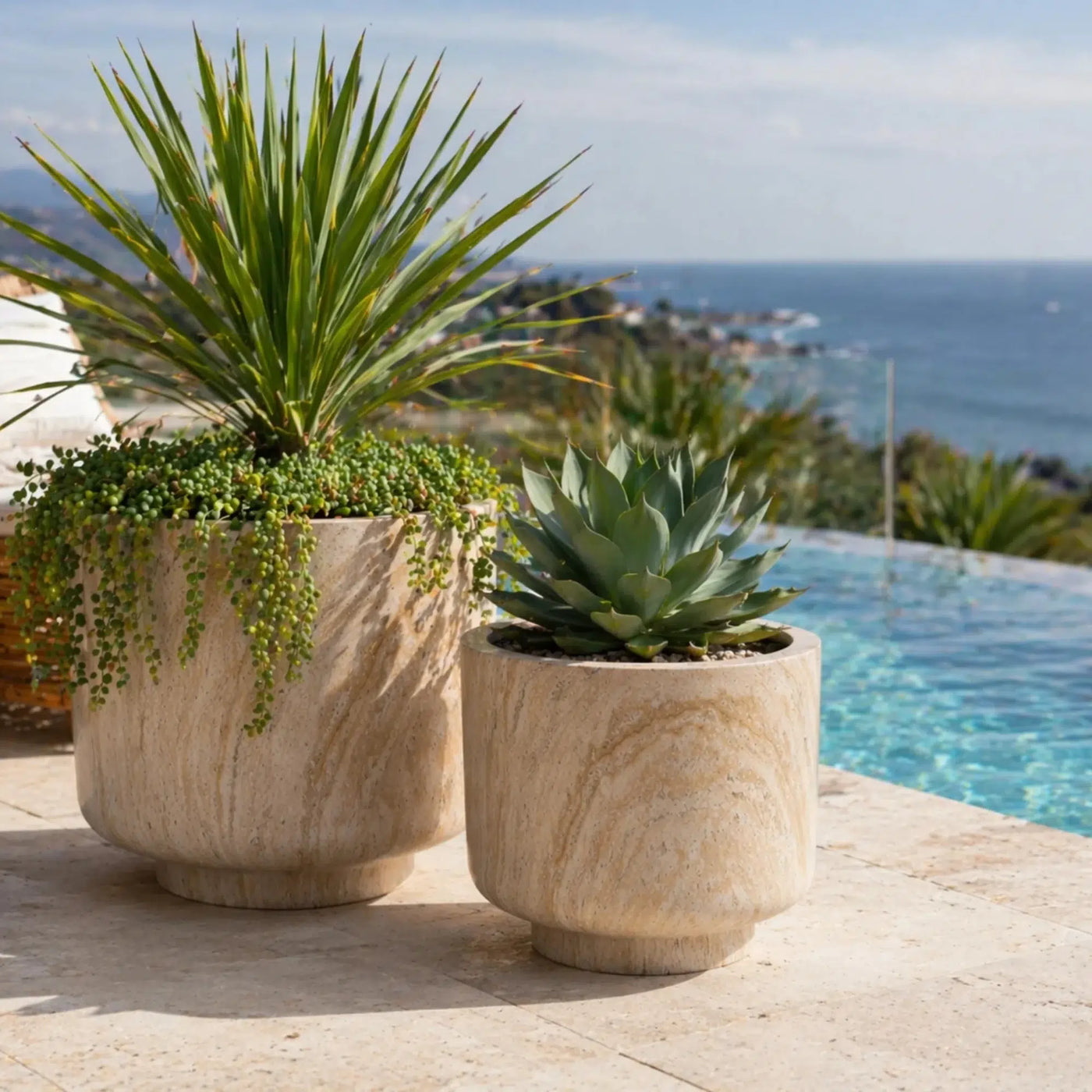 2 Sizes - Luxury Rounded Marble Planter with Pedestal Base | Premium Pot Range - Designer Plants