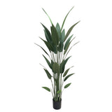 An artificial green plant with long, slender leaves in a black pot, photographed against a plain white background.