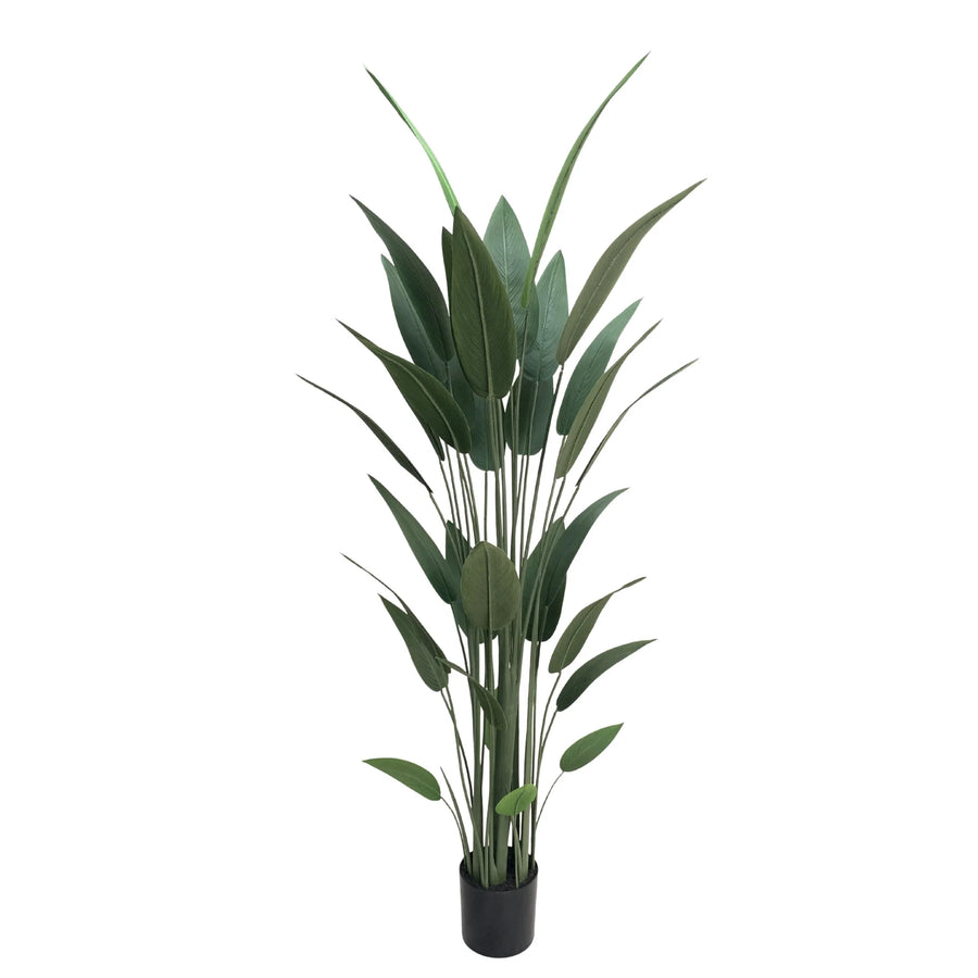 An artificial green plant with long, slender leaves in a black pot, photographed against a plain white background.