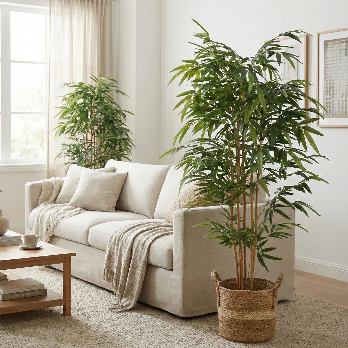 Living room with a beige sofa, coffee table, and potted plants.